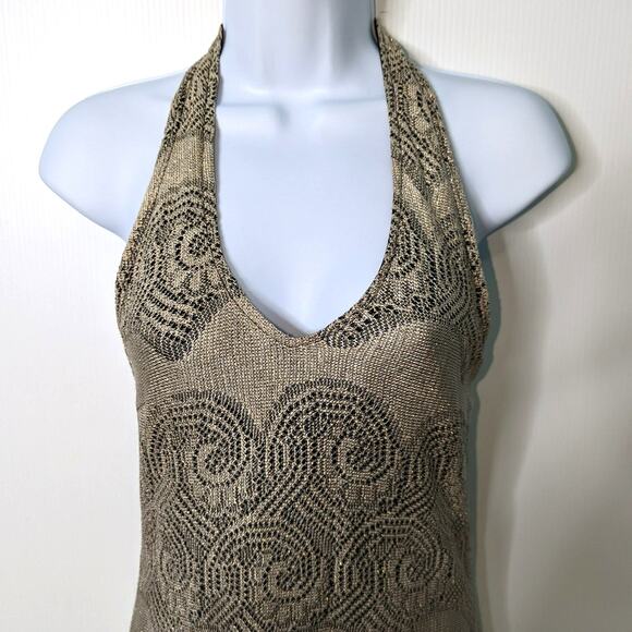 Vintage 90's Y2K Alexandra Lee Halter Maxi Dress Crochet Metallic Fringe Fitted - Picture 3 of 8